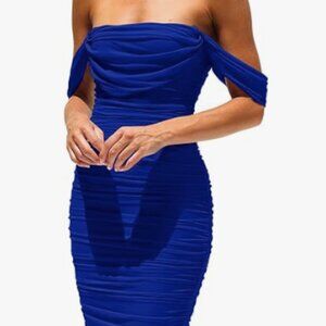 Off The Shoulder Ruched Bodycon Dresses Sleeveless Fitted Party Club Midi